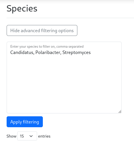 screenshot of an advanced species filtering query