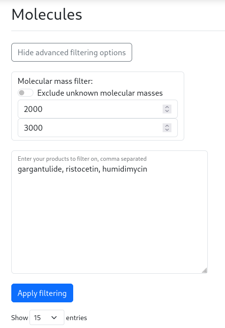 screenshot of an advanced product filtering query