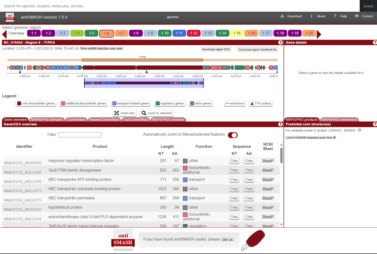 Screenshot of the antiSMASH webpage for Micromonospora maris