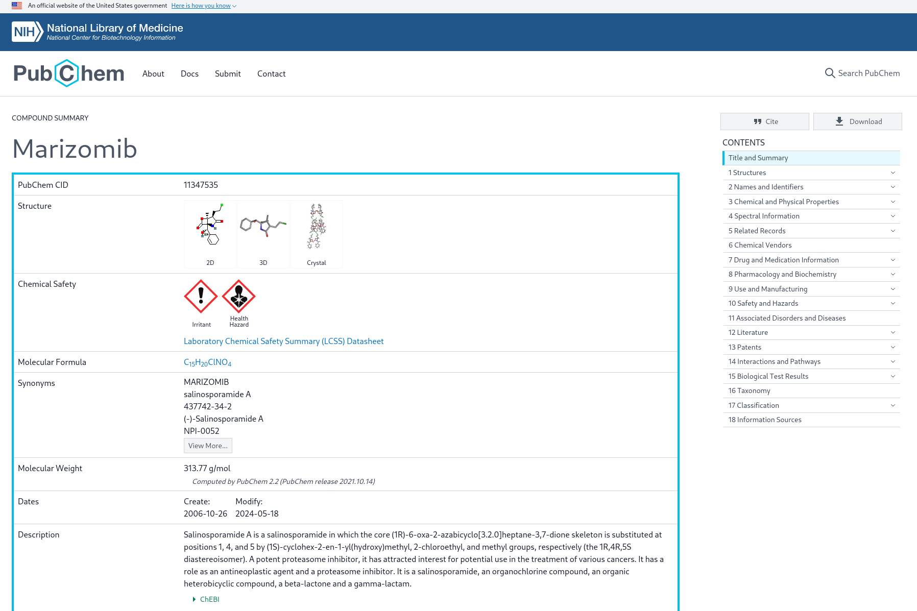 Screenshot of the PubChem page for salinosporamide A